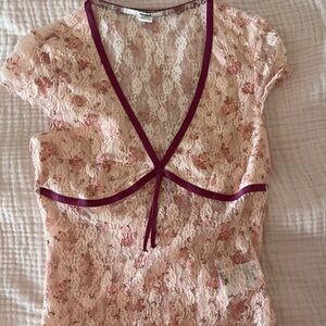 Floral Lace Top with Burgundy Trim